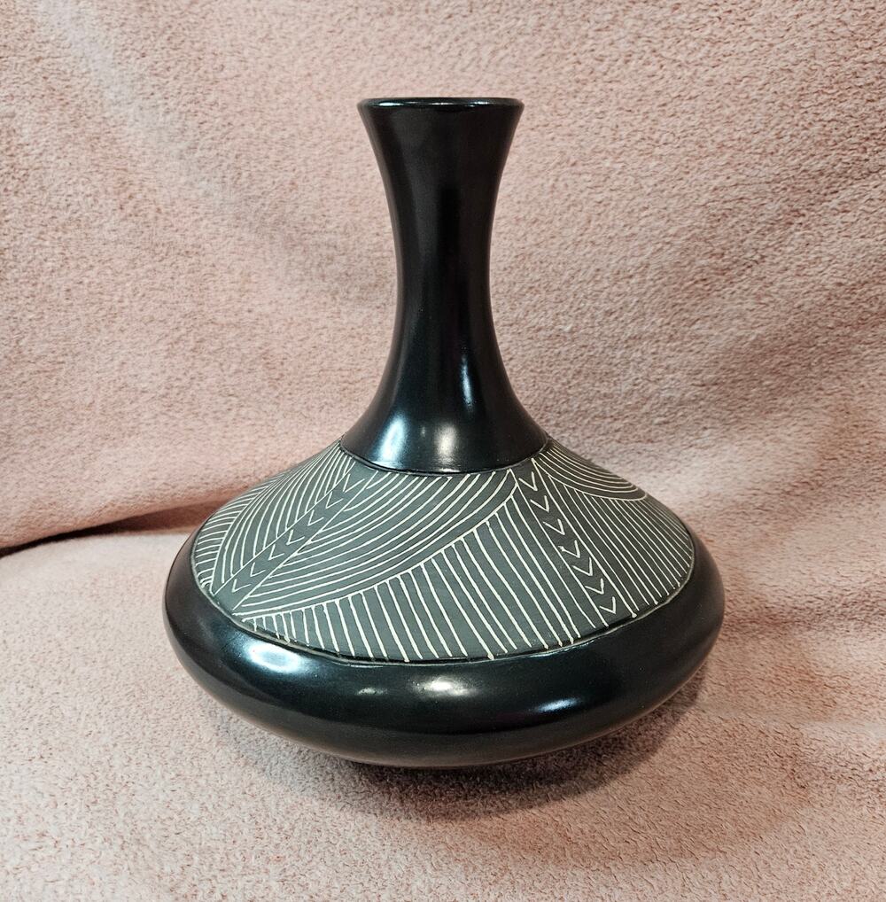B. Pove Hand-Painted Geometric Black and White Ceramic Vase 10.5"